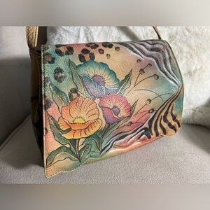 Pre-Owned Anuschka Hand Painted Leather Floral Rainbow Handbag Crossbody